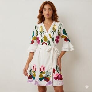 Almatrichi Mini Wrap Dress 42 10 White Floral Feminine Vacation Resortwear Boho
